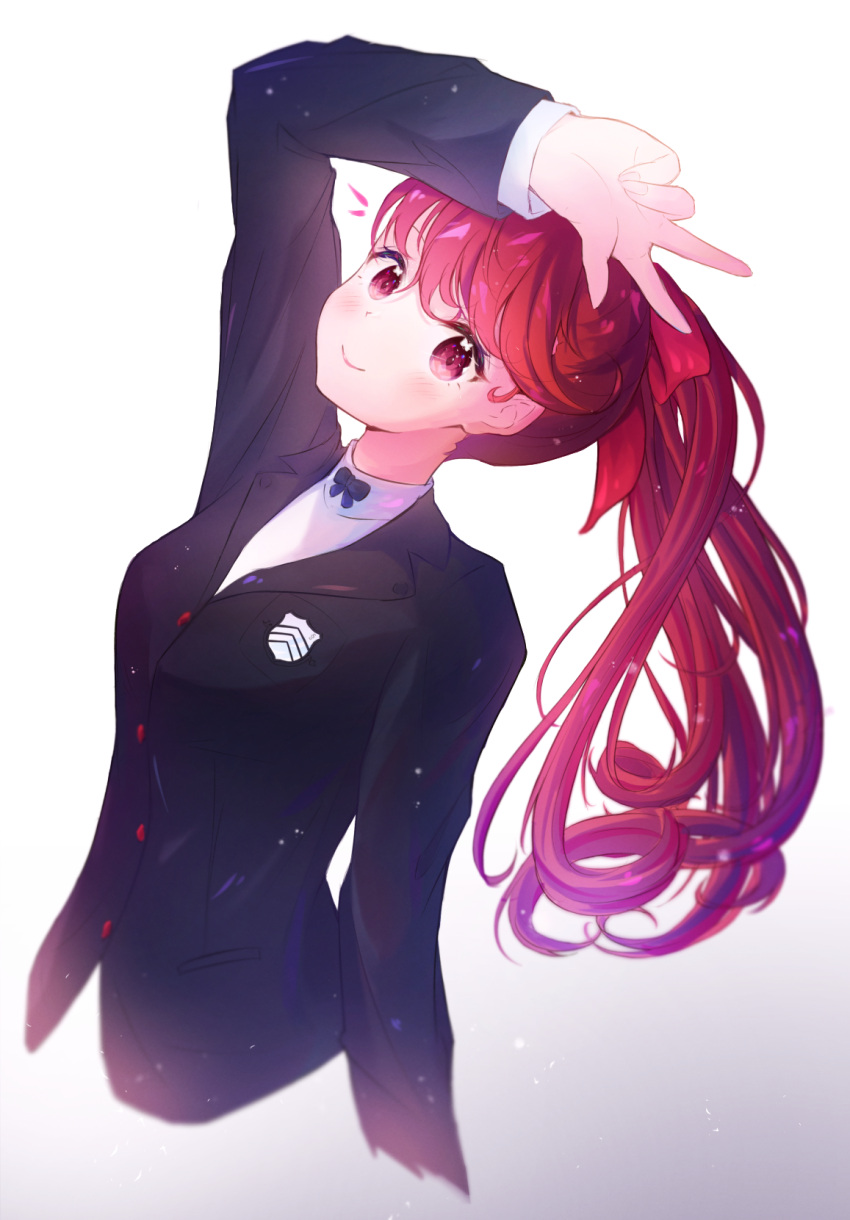 1girl, black_jacket, blush, buttons, closed_mouth, commentary, cropped_torso, hair_ribbon