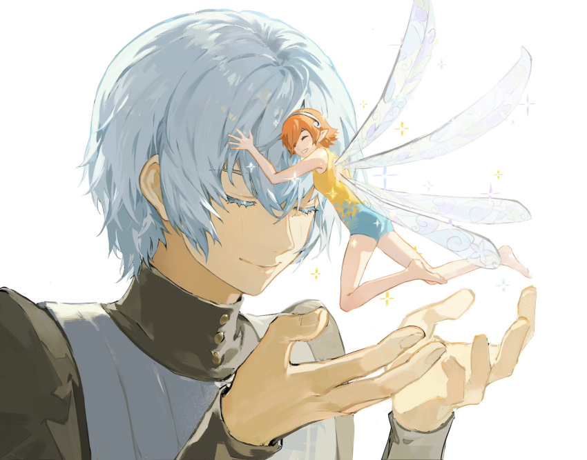 1boy, 1girl, barefoot, closed_eyes, commentary_request, fairy, fairy_wings, gallica_(metaphor:_refantazio), grey_hair, hair_between_eyes, hairband, highres, hug, leotard, long_sleeves, metaphor:_refantazio, orange_hair, pointy_ears, protagonist_(metaphor:_refantazio), short_hair, simple_background, size_difference, sleeveless, sleeveless_leotard, smile, spoilers, toes, white_background, wings, yosora