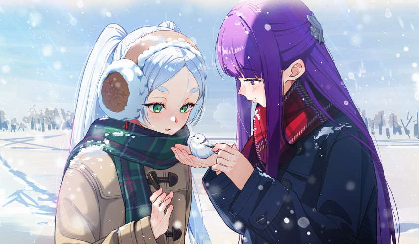 2girls, animal, bird, blue_coat, blunt_bangs, brown_coat, butterfly_hair_ornament, buttons, closed_mouth, coat, commentary, earmuffs, earrings, fern_(sousou_no_frieren), frieren, green_eyes, green_scarf, hair_ornament, highres, holding, holding_animal, holding_bird, jewelry, long_hair, long_sleeves, multiple_girls, oichida, open_mouth, parted_bangs, plaid_clothes, plaid_scarf, purple_hair, red_scarf, scarf, smile, snow, snowing, sousou_no_frieren, twintails, violet_eyes, white_bird, white_hair