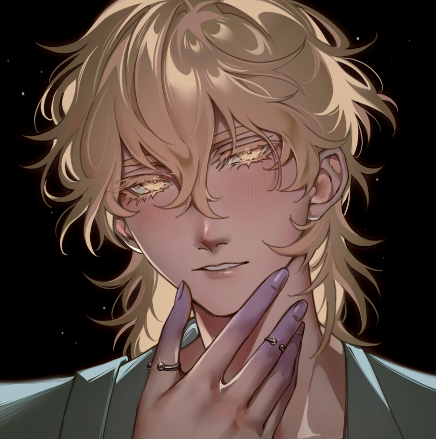 1boy, alien_stage, black_background, blonde_hair, blush, bright_pupils, colored_extremities, colored_eyelashes