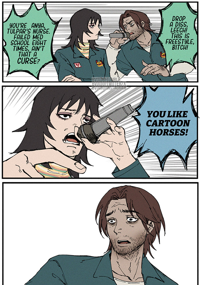 1boy, 1girl, anya_(mouthwashing), beard_stubble, black_hair, blue_jumpsuit, brown_eyes, brown_hair