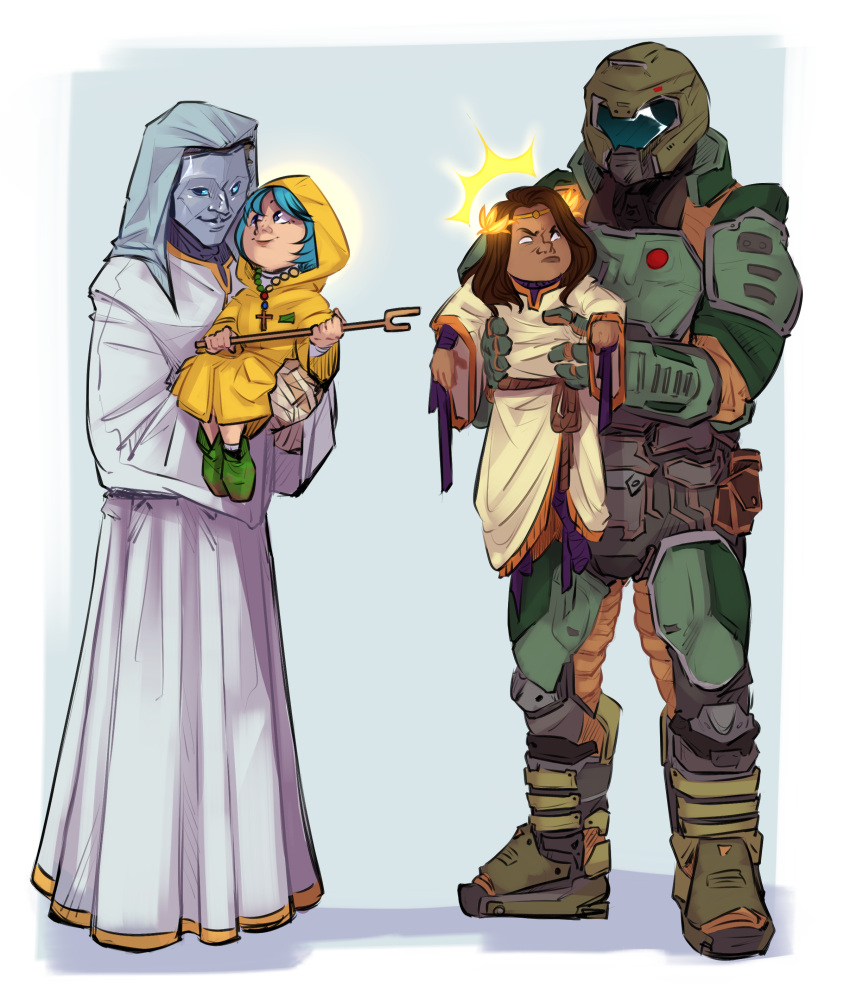 1girl, 3boys, absurdres, armor, blue_background, blue_eyes, blue_hair, boots, brown_hair, cane, carrying, carrying_person, child_carry, circlet, closed_mouth, commentary, cross, cross_necklace, crossover, dark-skinned_male, dark_skin, doom_(2016), doom_(series), doomguy, emperor_of_mankind, eye_contact, full_body, glowing, green_footwear, grey_veil, halo, highres, holding, holding_cane, jewelry, jubilee_2025, king_baldwin_iv, kingdom_of_heaven, legs_apart, lifting_person, long_sleeves, looking_at_another, luce_(jubilee_2025), mask, masked, medium_hair, mud, multiple_boys, narklos, necklace, power_armor, praetor_suit, raised_eyebrows, robe, rosary, rubber_boots, second-party_source, shadow, simple_background, smile, standing, toddler, two-handed, variant_set, veil, warhammer_40k, white_robe, wide_sleeves, yellow_halo, yellow_raincoat, yellow_robe