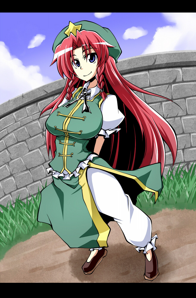 blue_eyes, braid, breasts, hat, hong_meiling, large_breasts, long_hair, red_hair