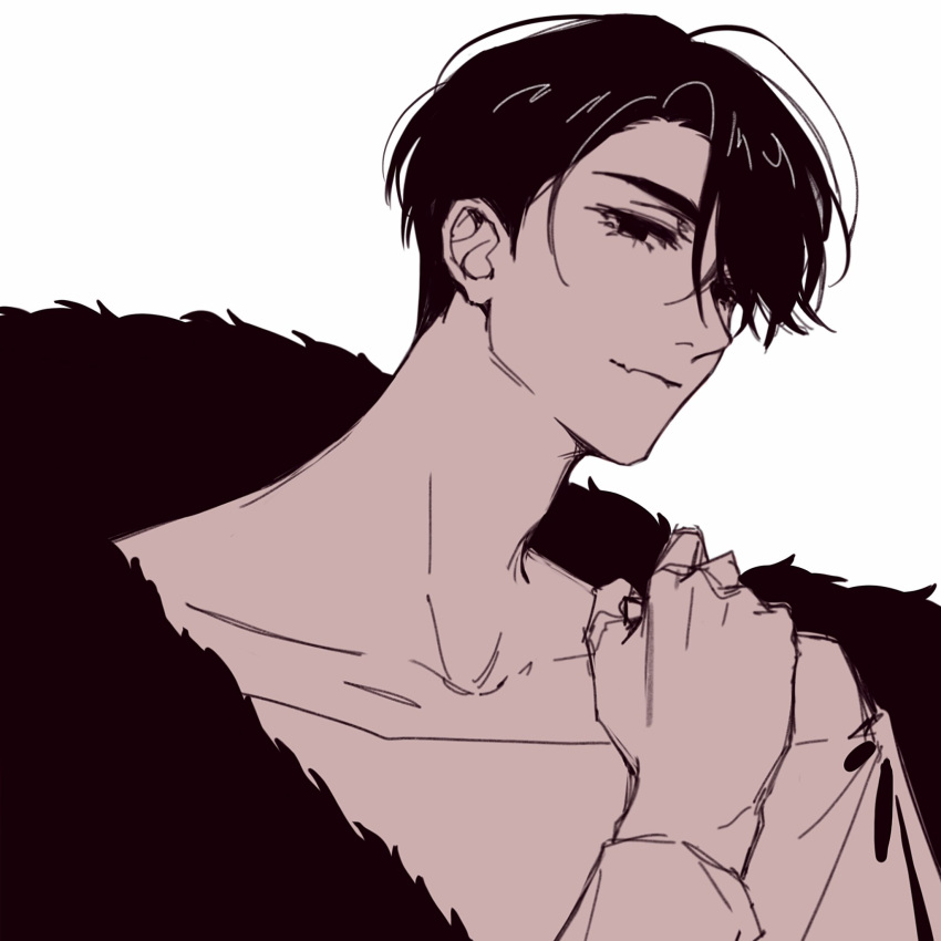 1boy, alien_stage, black_eyes, black_hair, closed_mouth, commentary_request, fang, feather_boa, hand_on_own_shoulder, highres, ivan_(alien_stage), kristina_draw03, long_sleeves, looking_at_viewer, male_focus, portrait, russian_commentary, shirt, short_hair, simple_background, skin_fang, solo, very_short_hair, white_background, white_shirt