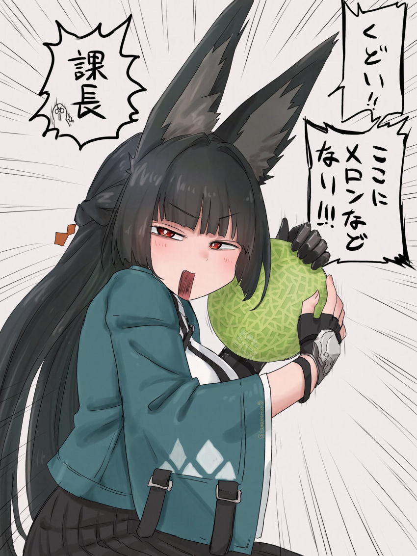 1girl, animal_ear_fluff, animal_ears, black_gloves, black_hair, blunt_bangs, blush, fingerless_gloves