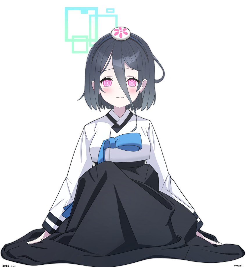absurdres, artist_name, black_hair, black_hairband, black_skirt, blue_archive, blue_bow, blue_halo