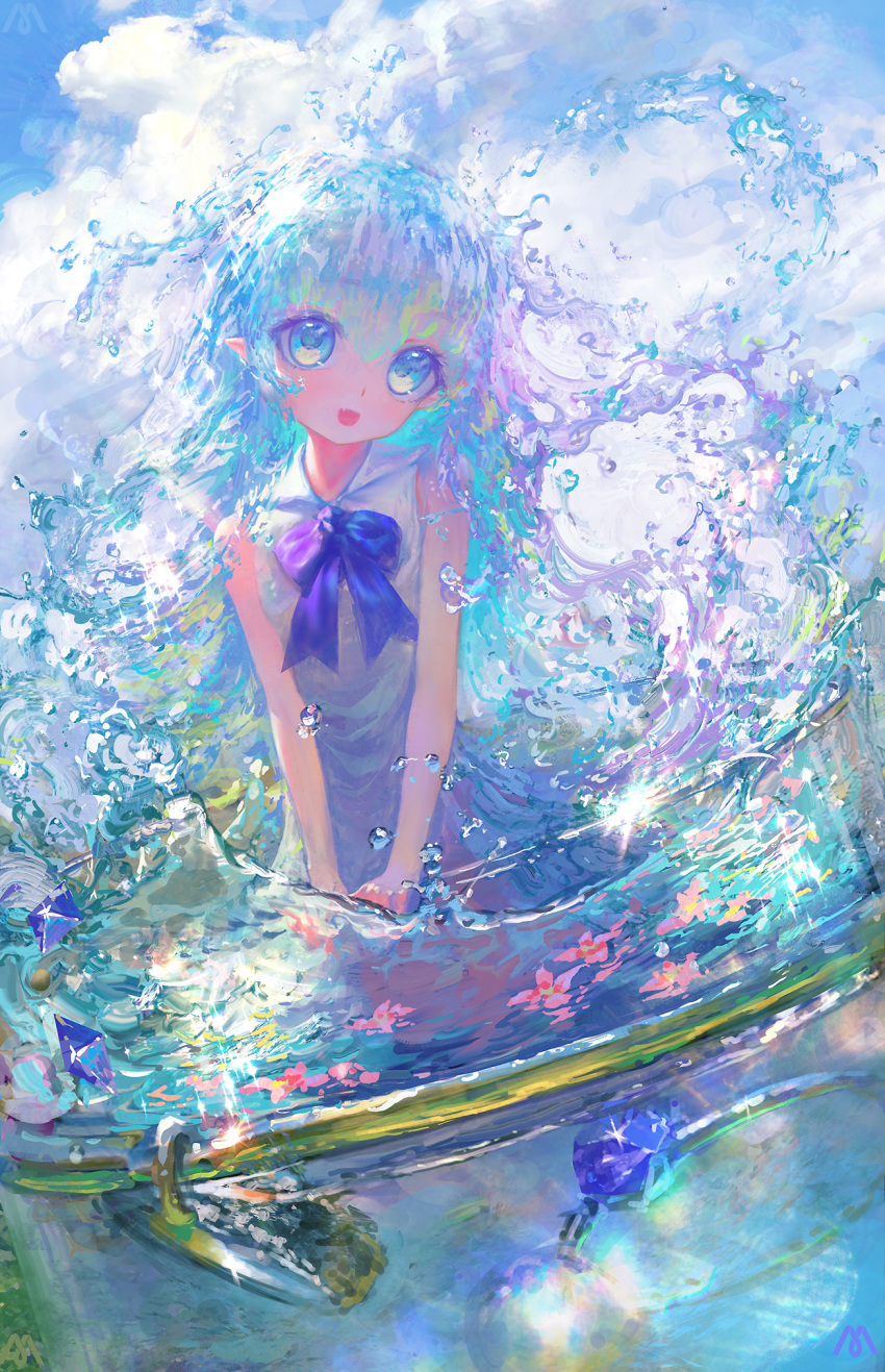 1girl, :d, ayaxno, blue_eyes, blue_hair, blue_sky, blush, bow