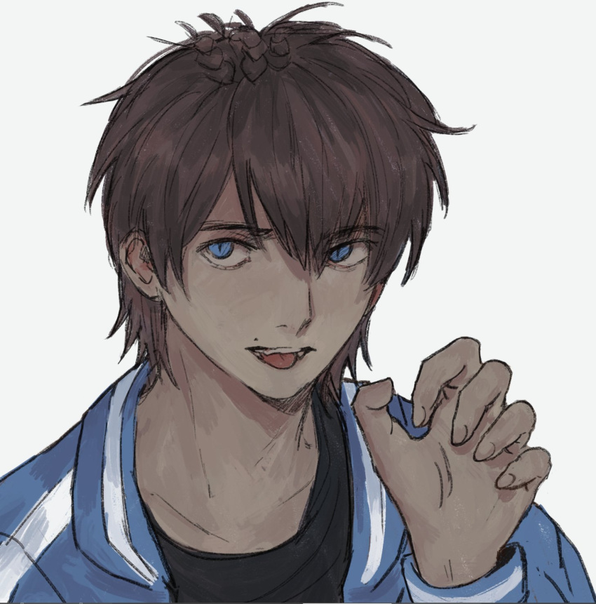 1boy, :p, banjou_ryuuga, black_shirt, blue_coat, blue_eyes, brown_hair, coat, highres, kamen_rider, kamen_rider_build_(series), m1ontee, male_focus, open_clothes, open_coat, shirt, short_hair, tongue, tongue_out, white_background