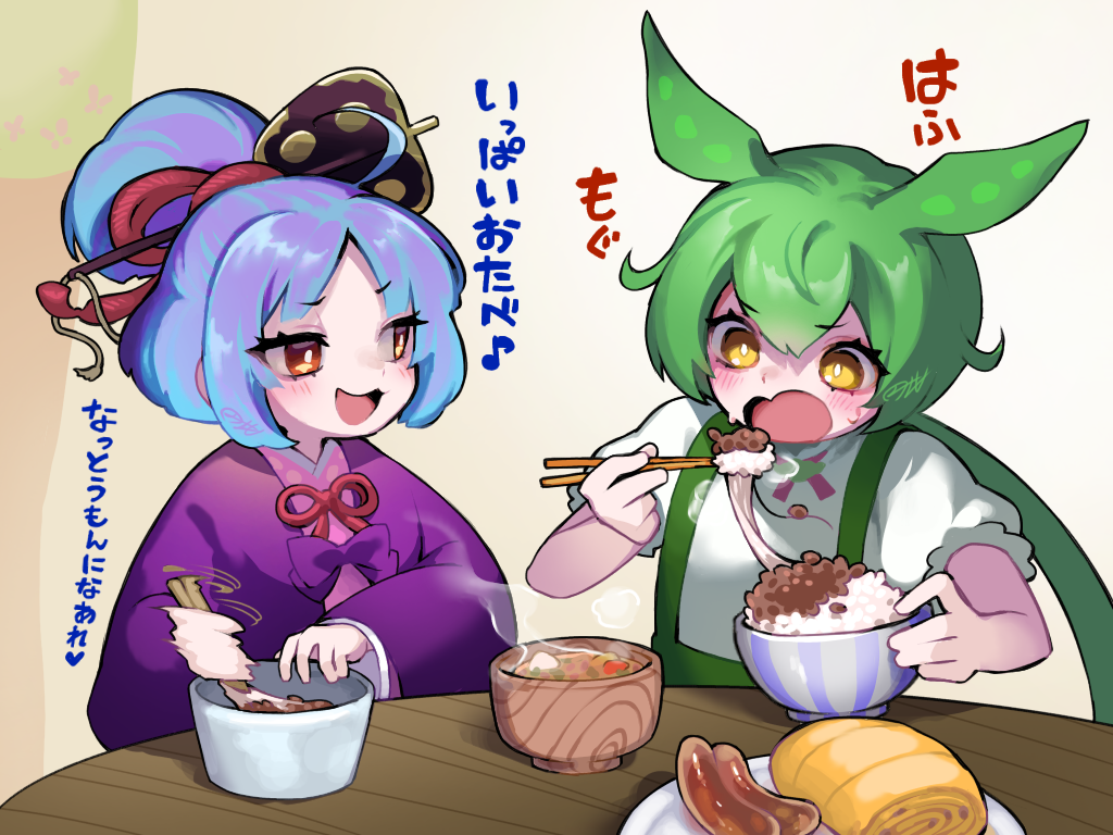 2girls, :3, ahoge, animal_ears, blue_hair, bowl, chopsticks, commentary_request