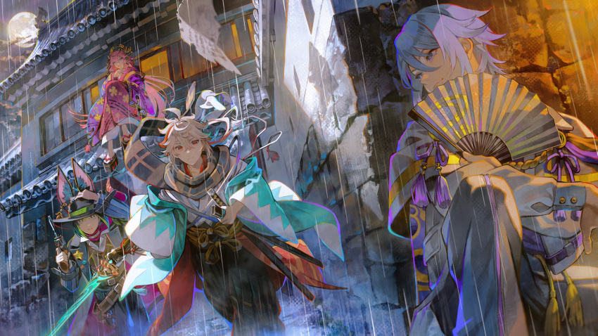 1girl, 3boys, absurdres, ahoge, alternate_costume, animal_ear_fluff, animal_ear_piercing, animal_ears