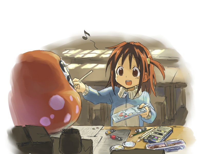 :d, awara_chikako, brown_hair, ga_geijutsuka_art_design_class, kou_(ahondnara), musical_note, open_mouth, paint