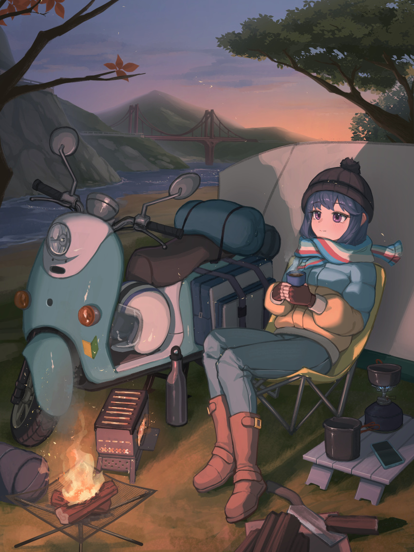 1girl, absurdres, auxar, boots, bottle, bridge, campfire, cellphone, chair, closed_mouth, clouds, coat, commentary, cup, denim, fingerless_gloves, fire, firewood, folding_chair, gloves, grass, hand_saw, highres, holding, holding_cup, jeans, legs_together, mountainous_horizon, multicolored_clothes, multicolored_coat, multicolored_scarf, on_chair, outdoors, pants, phone, portable_stove, puffy_coat, river, saw, scarf, shima_rin, sitting, sky, smartphone, solo, suspension_bridge, table, tent, tree, two-tone_coat, violet_eyes, yamaha_vino, yurucamp