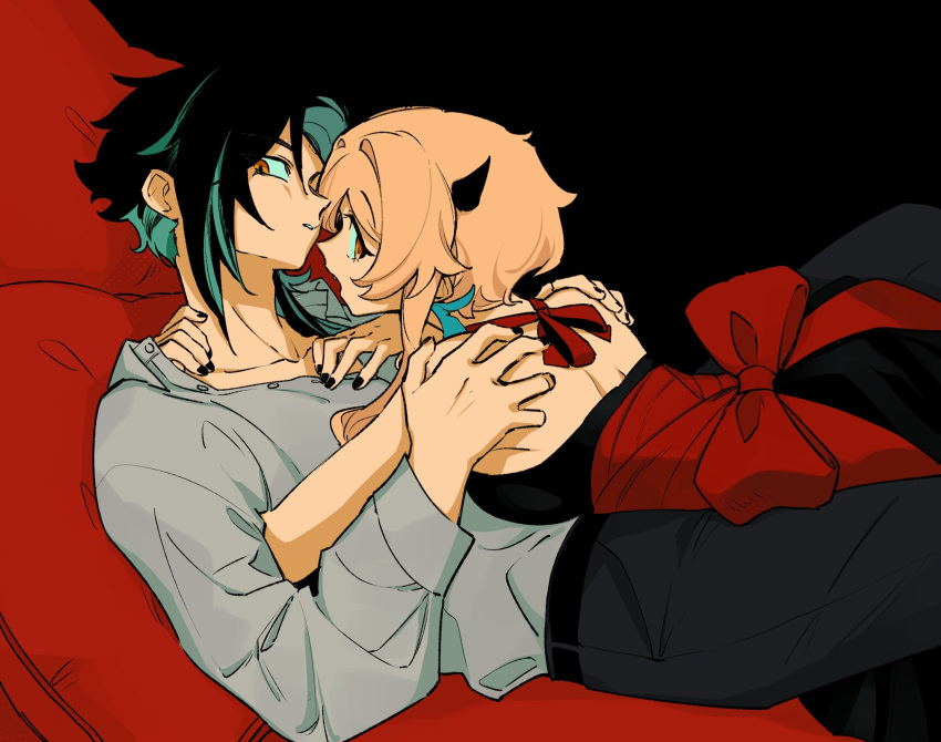 1boy, 1girl, alternate_costume, black_dress, black_hair, black_horns, black_nails, black_pants