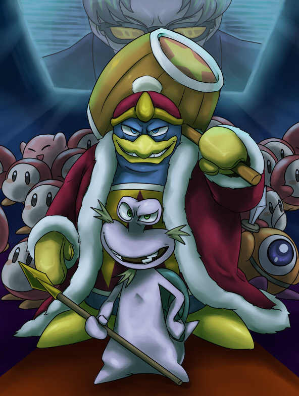 1boy, 6+others, customer_service, escargon, hal_laboratory_inc., hammer, hoshi_no_kirby, hoshi_no_kirby_(anime), ichiban_shibori, king_dedede, kirby, kirby:_right_back_at_ya!, kirby_(series), lance, monitor, nintendo, odd_one_out, penguin, pink_puff_ball, polearm, snail, spear, sword, waddle_dee, waddle_doo, weapon