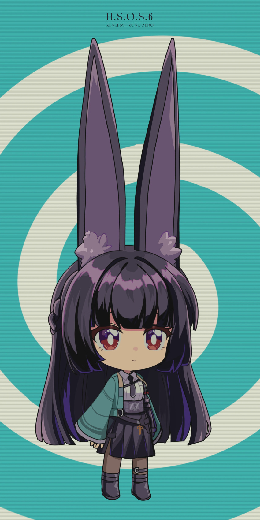 1girl, absurdres, animal_ear_fluff, animal_ears, artist_request, big_eared_miyabi_(meme), black_hair, black_skirt