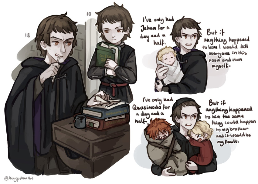 3boys, age_progression, aged_down, baby, black_robe, blonde_hair, book, book_stack, brown_eyes, brown_hair, brushing_teeth, carrying, carrying_person, claude_frollo, commentary, english_text, highres, i've_only_had_arlo_for_a_day_and_a_half_(meme), ink, jehan_frollo, kingjoshua, meme, multiple_boys, onesie, orange_hair, quasimodo, robe, short_hair, the_hunchback_of_notre_dame, twitter_username