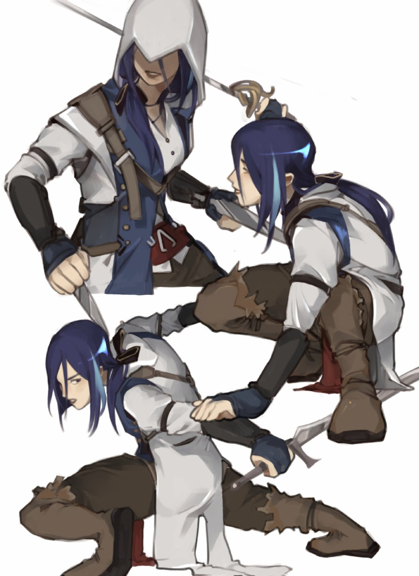 1girl, assassin's_creed_(series), assassin's_creed_iii, boots, brown_footwear, brown_pants, clorinde_(genshin_impact), coat