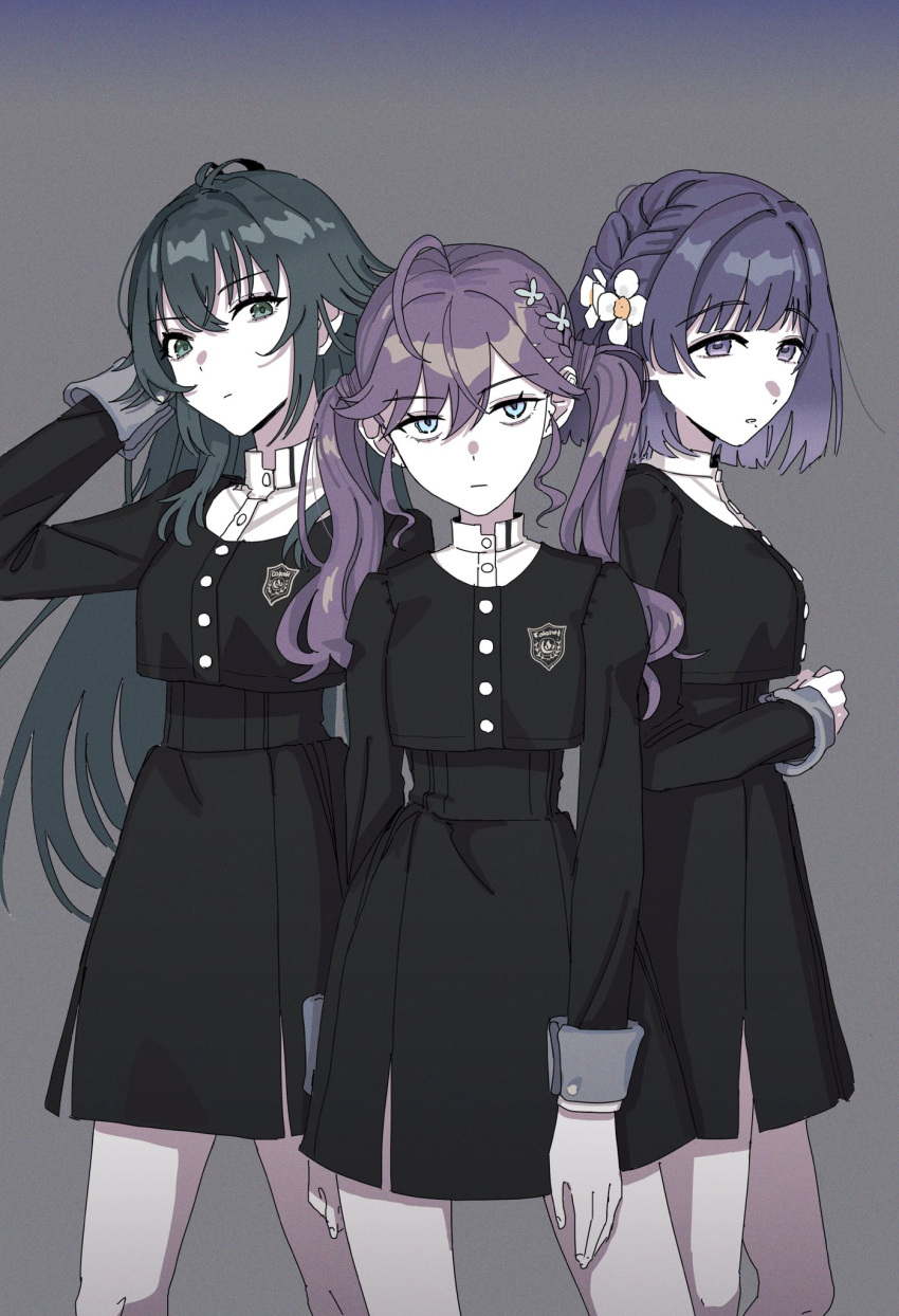 3girls, ahoge, antenna_hair, bags_under_eyes, black_jacket, black_skirt, braid, butterfly_hair_ornament, cropped_jacket, flower, gakuen_idolmaster, gokugetsu_academy_uniform, green_hair, hair_flaps, hair_flower, hair_ornament, hataya_misuzu, high-waist_skirt, highres, idolmaster, jacket, kaya_rinha, long_sleeves, looking_at_viewer, mole, mole_under_mouth, multiple_girls, purple_hair, school_uniform, skirt, sumi_(tebukuro00), syngup!_(idolmaster), tsukimura_temari, twin_braids