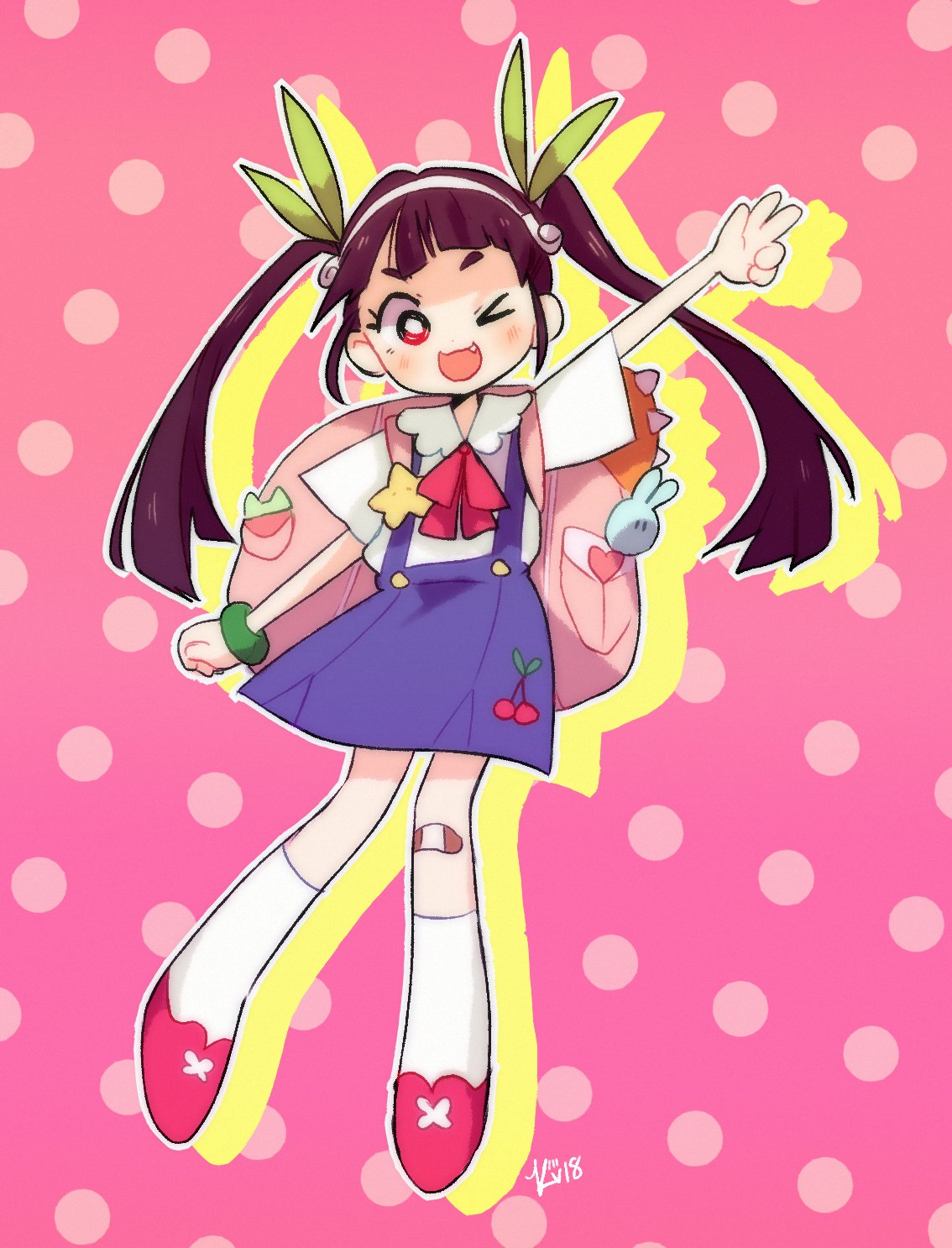 >_o, 1girl, arm_up, backpack, bag, bakemonogatari, bandaid, bandaid_on_knee