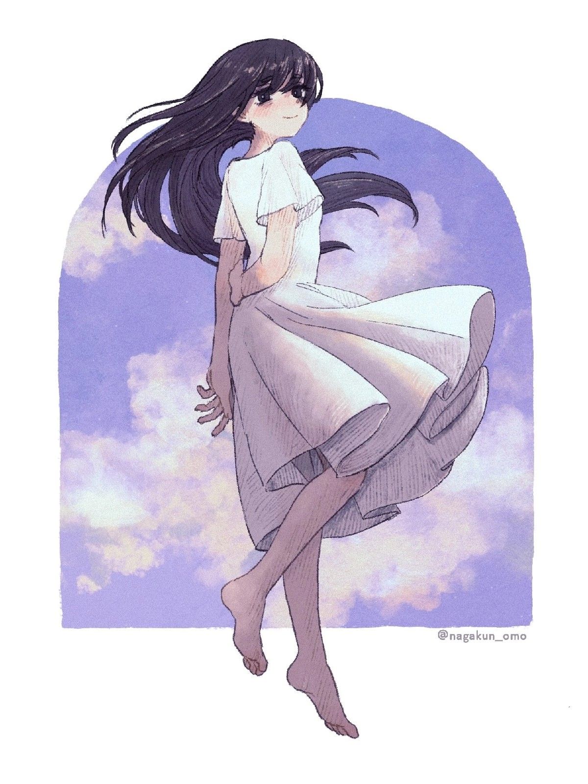 1girl, arms_behind_back, barefoot, black_eyes, black_hair, bright_pupils, closed_mouth, clouds, dress, full_body, highres, long_hair, looking_at_viewer, looking_back, medium_dress, nagakun_omo, omori, short_sleeves, simple_background, smile, solo, spoilers, twitter_username, white_dress, white_pupils