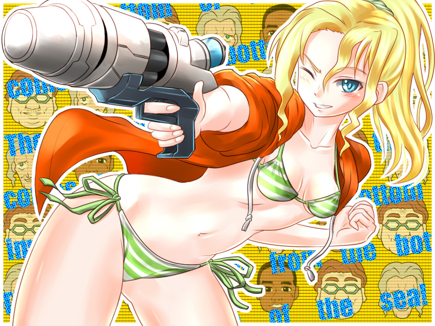 bikini, blonde_hair, blue_eyes, cindy_campbell, clark_(ikamusume), cyndi_campbell, harris_(ikamusume), hoodie