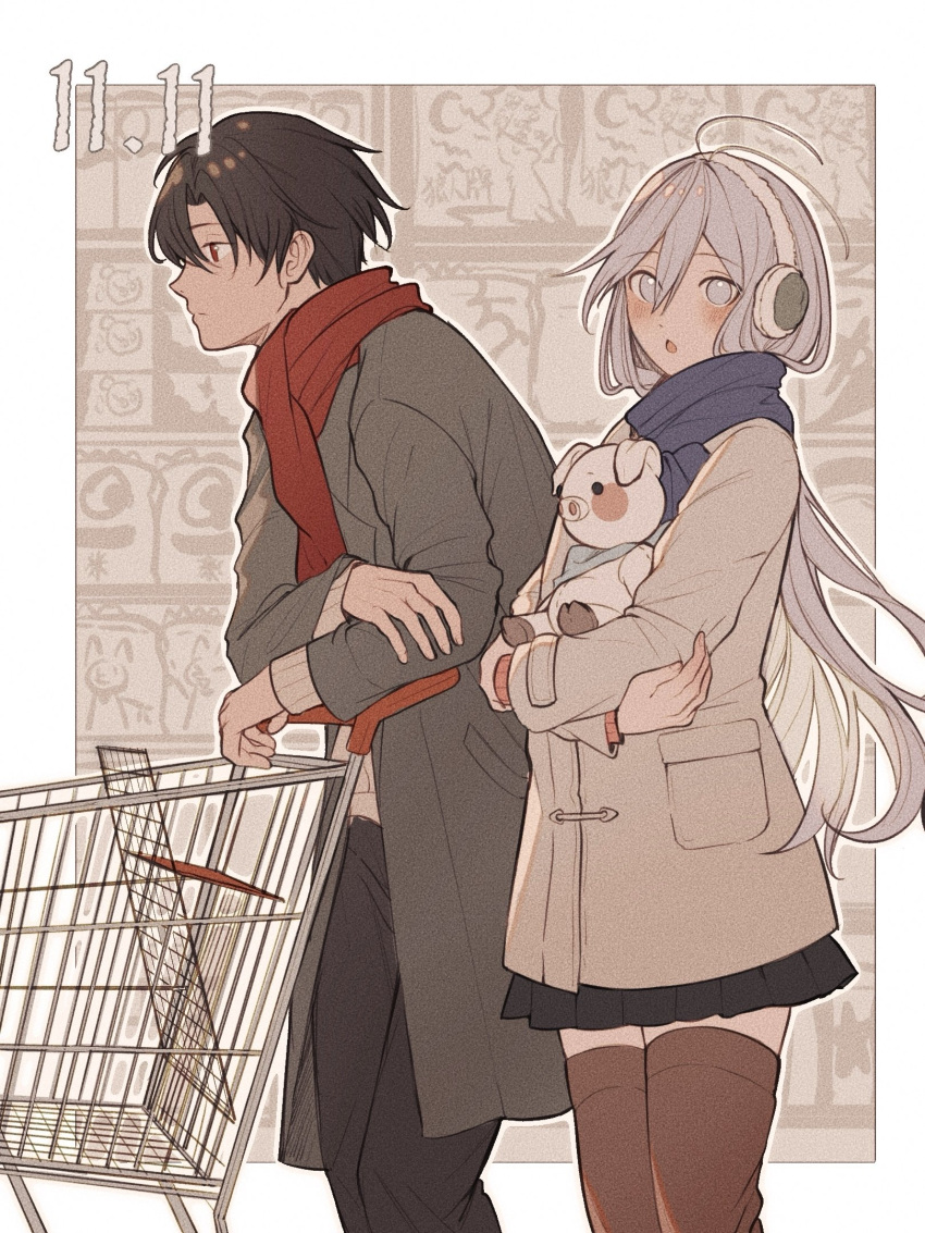1boy, 1girl, 86_-eightysix-, alternate_costume, antenna_hair, arm_support, black_hair, black_pants