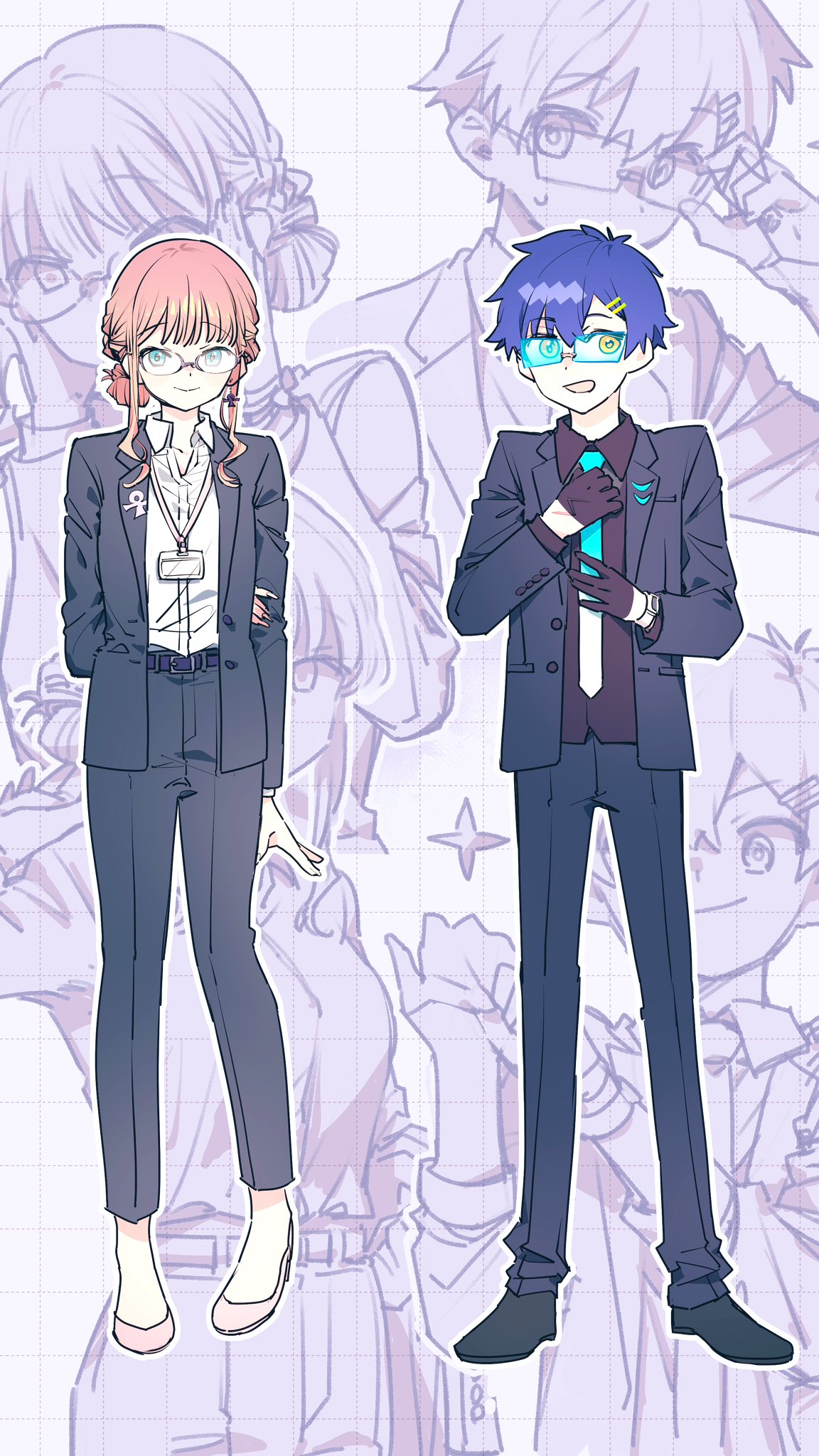 1boy, 1girl, asanaka_yomogi, blue_hair, braid, brown_hair, cosplay, formal_clothes