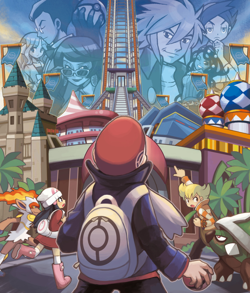 4girls, 5boys, :o, absurdres, argenta_(pokemon), artist_request, backpack, bag, ball, barry_(pokemon), battle_arcade_(pokemon), battle_castle_(pokemon), battle_factory_(pokemon), battle_frontier_(pokemon), battle_hall_(pokemon), battle_tower_(pokemon), beanie, black_hair, blonde_hair, brown_eyes, building, caitlin_(pokemon), castle, coat, dahlia_(pokemon), darach_(pokemon), day, flag, glasses, grin, hair_ornament, hairclip, hat, highres, hikari_(pokemon), holding, holding_ball, holding_poke_ball, infernape, long_hair, looking_up, lucas_(pokemon), multiple_boys, multiple_girls, official_art, one_eye_closed, outdoors, palmer_(pokemon), pointing, pointing_up, poke_ball, poke_ball_(basic), pokemon, pokemon_(creature), pokemon_dppt, pokemon_platinum, red_hat, smile, spiky_hair, standing, swept_bangs, third-party_source, thorton_(pokemon), torterra, walking, white_hat, winter_clothes