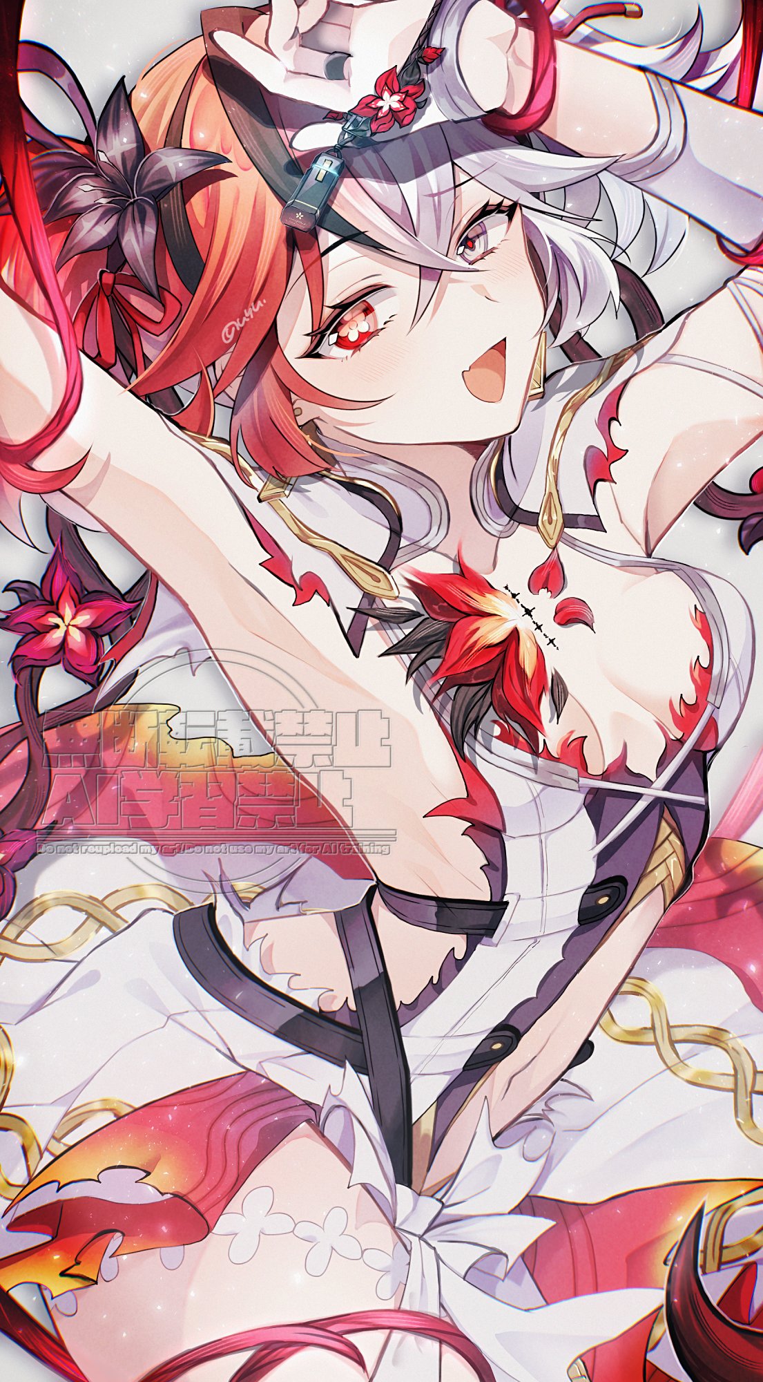 1girl, arm_on_own_head, armpits, artist_name, bare_hips, bare_legs, blake_bloom_(wuthering_waves), bloom