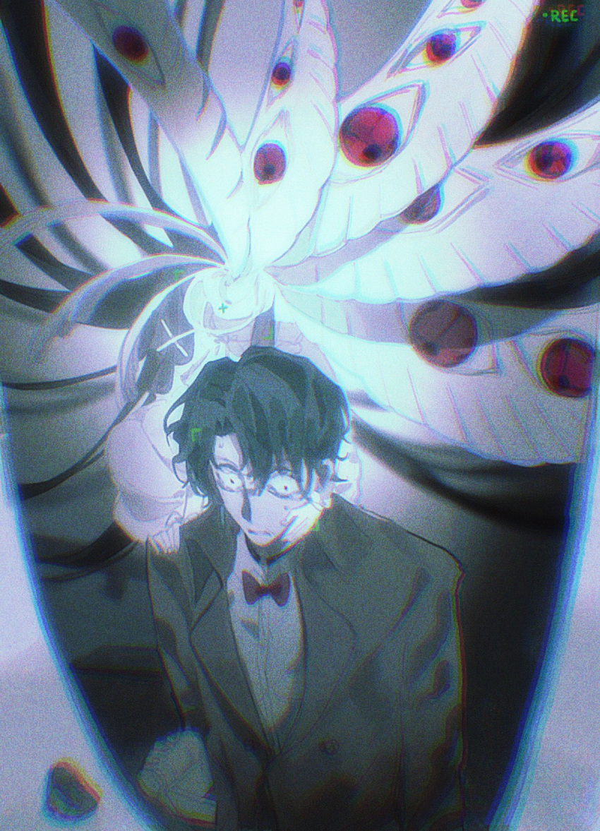 1boy, 1girl, angel, angel_wings, biblically_accurate_angel, black_hair, blunt_bangs, bow