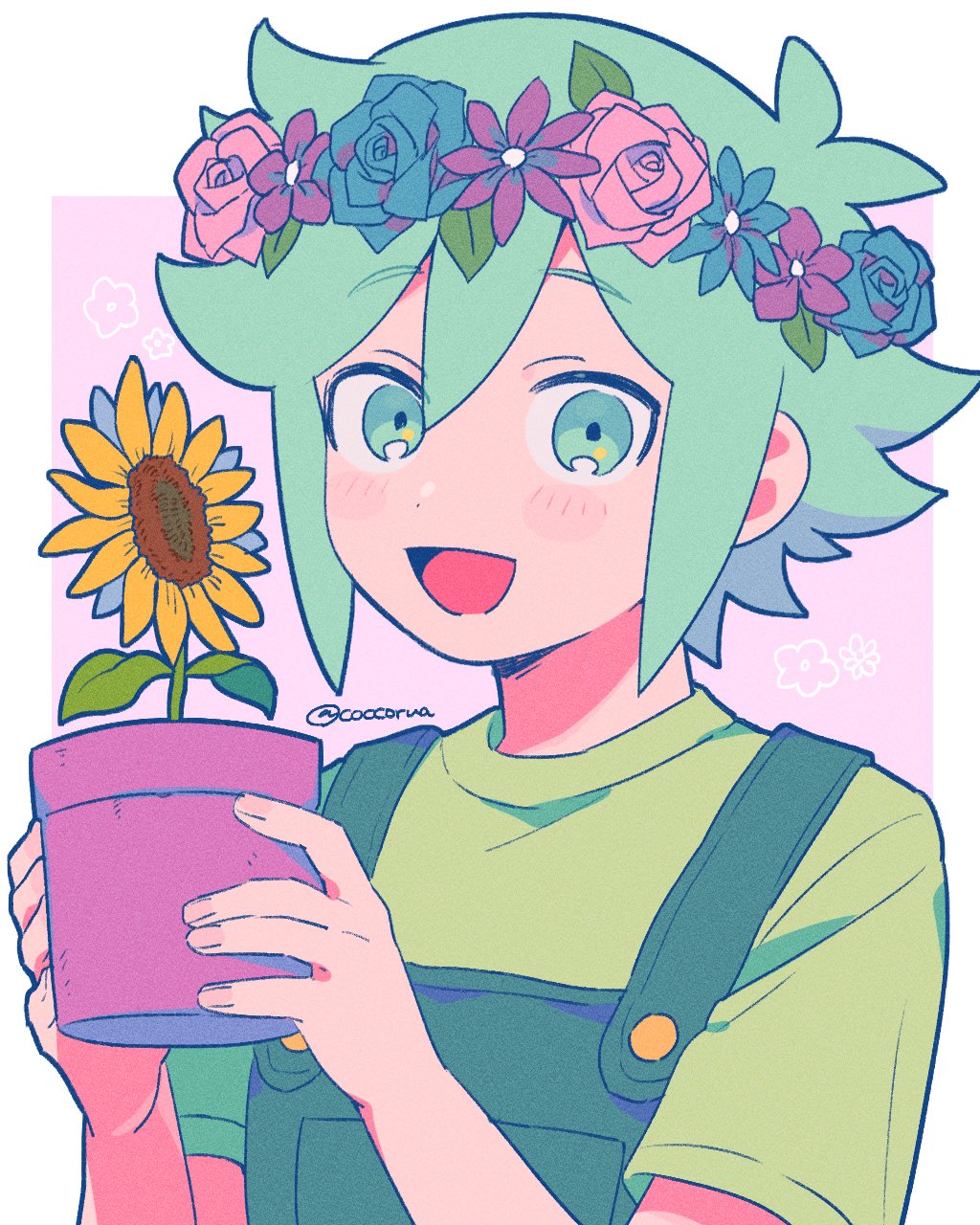 1boy, :d, antenna_hair, basil_(headspace)_(omori), basil_(omori), blue_flower, blue_rose, border