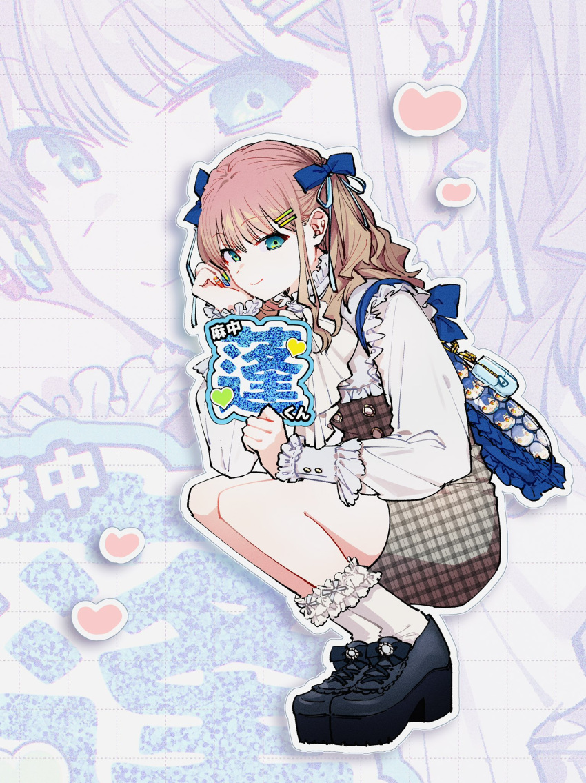 1girl, bag, blue_ribbon, brown_hair, closed_mouth, frilled_sleeves, frilled_socks, frills, gorillapan_z, green_eyes, gridman_universe, gridman_universe_(film), hair_ornament, hairclip, heart, high_heels, highres, long_hair, long_sleeves, looking_at_viewer, minami_yume, ribbon, shirt, skirt, smile, socks, solo, ssss.dynazenon