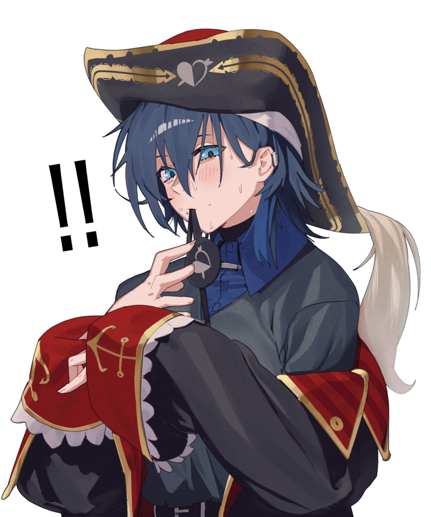 !, !!, black_coat, black_hat, black_shirt, blue_eyes, blue_hair, blush