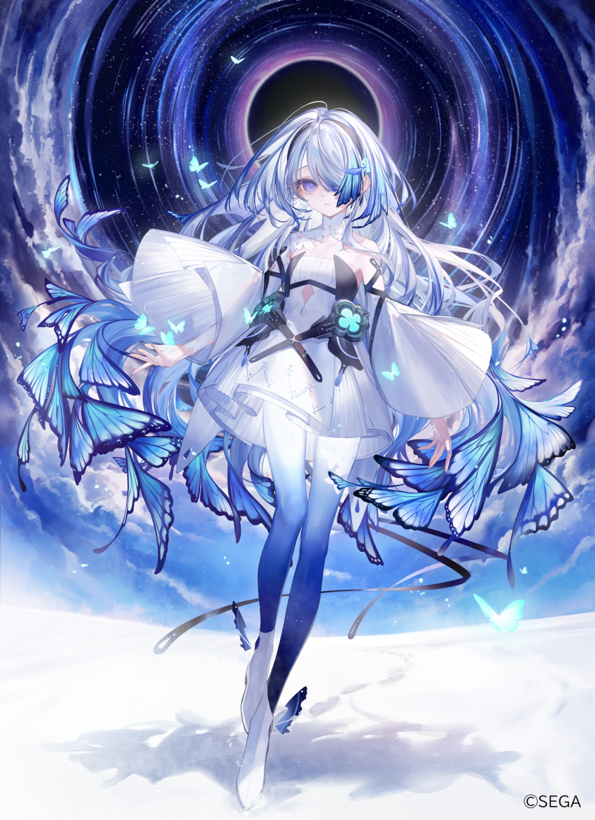 absurdres, animal_print, blue_butterfly, blue_nails, blue_pantyhose, boots, bug, butterfly, butterfly_print, chunithm, commentary_request, copyright_notice, detached_sleeves, dress, fingernails, full_body, gradient_pantyhose, grey_hair, hair_over_one_eye, highres, irene_curious, long_fingernails, long_hair, long_sleeves, looking_at_viewer, official_art, pantyhose, sleeveless, sleeveless_dress, standing, standing_on_one_leg, strapless, strapless_dress, very_long_hair, violet_eyes, white_dress, white_footwear, white_pantyhose, white_sleeves, wide_sleeves, yoggi_(stretchmen)