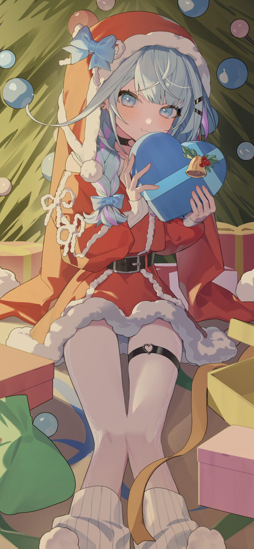 1girl, :3, absurdres, bell, belt, black_belt, blue_eyes, blue_hair, blunt_bangs, blush, bow, box, braid, choker, christmas, christmas_ornaments, christmas_tree, commentary_request, crossed_bangs, dress, feet_out_of_frame, fur-trimmed_dress, fur-trimmed_headwear, fur_trim, gift, gift_box, hair_bow, hair_flaps, hair_ornament, hairclip, hat, hat_bow, heart-shaped_box, heart_o-ring, highres, holding, holding_gift, hololive, hololive_dev_is, jingle_bell, leather_belt, leg_warmers, light_smile, long_sleeves, looking_at_viewer, low_twin_braids, mizumiya_su, moriiochan, multicolored_hair, o-ring, o-ring_choker, o-ring_thigh_strap, outstretched_legs, pink_nails, pink_streaks, red_dress, red_veil, ribbon, sack, santa_costume, santa_dress, santa_hat, single_sleeve_past_wrist, sitting, solo, streaked_hair, thigh_strap, twin_braids, veil, vertical-striped_leg_warmers, virtual_youtuber, white_leg_warmers