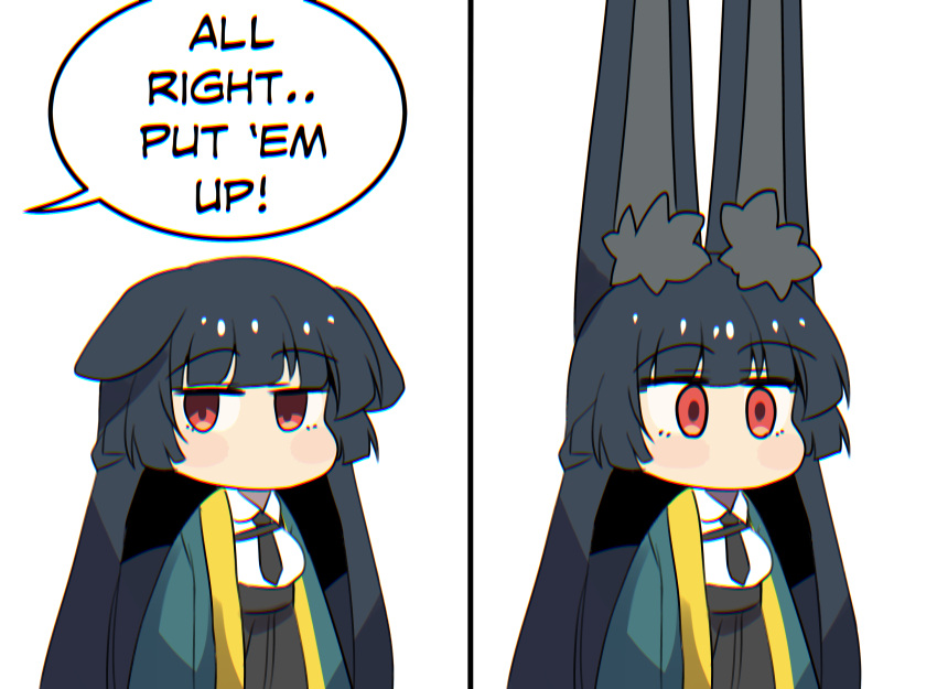 1girl, animal_ears, big_eared_miyabi_(meme), black_hair, black_necktie, blunt_bangs, chromatic_aberration, dress_shirt