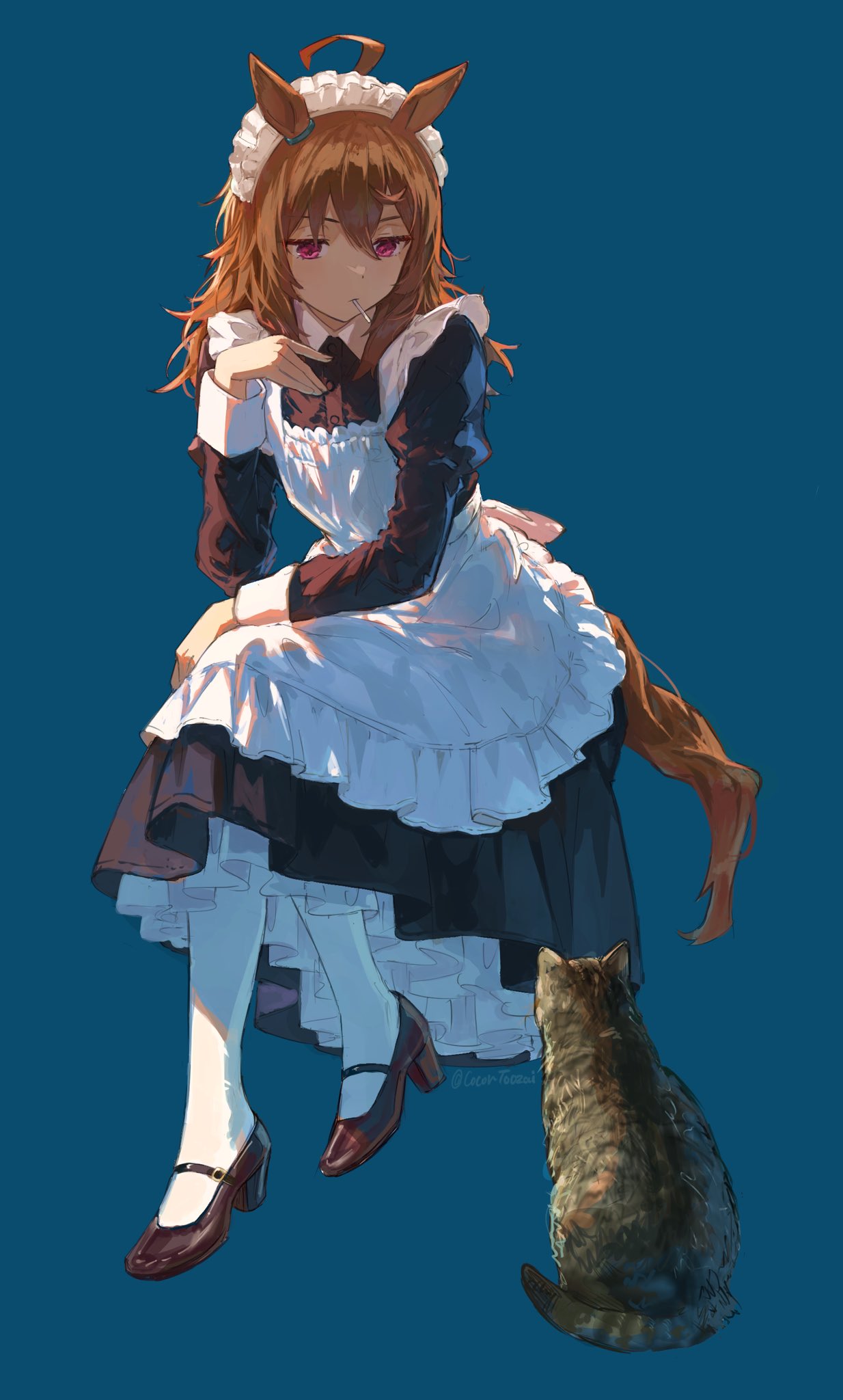 1girl, ahoge, alternate_costume, animal_ears, apron, black_dress, black_footwear, blue_background