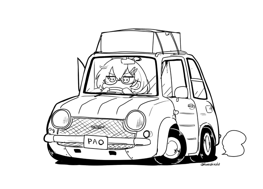 1girl, blue_archive, car, chibi, chibi_only, chihiro_(blue_archive), commentary_request, driving, glasses, greyscale, hair_ornament, highres, kuroshiro1011, monochrome, motor_vehicle, nissan, nissan_pao, rabbit_hair_ornament, semi-rimless_eyewear, short_hair, smoke, solo, steering_wheel, twitter_username, under-rim_eyewear, v-shaped_eyebrows, vehicle_focus