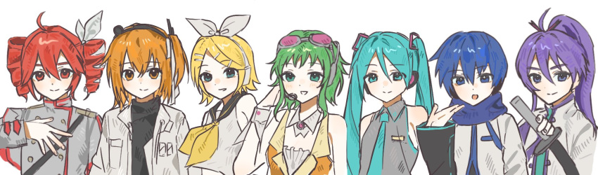 2boys, 5girls, :d, adachi_rei, aqua_eyes, aqua_necktie, black_shirt, blue_eyes, blue_scarf, bow, bow_hairband, buttons, closed_mouth, coat, collar, collared_shirt, commentary, detached_collar, double-breasted, drill_hair, eoldang1, goggles, goggles_on_head, green_eyes, grey_jacket, grey_shirt, grin, gumi, hair_between_eyes, hair_bow, hair_ornament, hairband, hairclip, hand_on_own_chest, hatsune_miku, highres, holding, holding_sword, holding_weapon, jacket, kagamine_rin, kaito, kaito_(vocaloid), kaito_(vocaloid3), kamui_gakupo, kasane_teto, kasane_teto_(sv), medium_hair, multiple_boys, multiple_girls, neckerchief, necktie, open_clothes, open_jacket, open_mouth, orange_eyes, orange_hair, rainbow_order, red_eyes, redhead, scarf, shirt, simple_background, sleeveless, sleeveless_shirt, smile, sword, symbol-only_commentary, synthesizer_v, teeth, twin_drills, twintails, utau, violet_eyes, vocaloid, weapon, white_background, white_bow, white_coat, white_collar, white_jacket, yellow_neckerchief