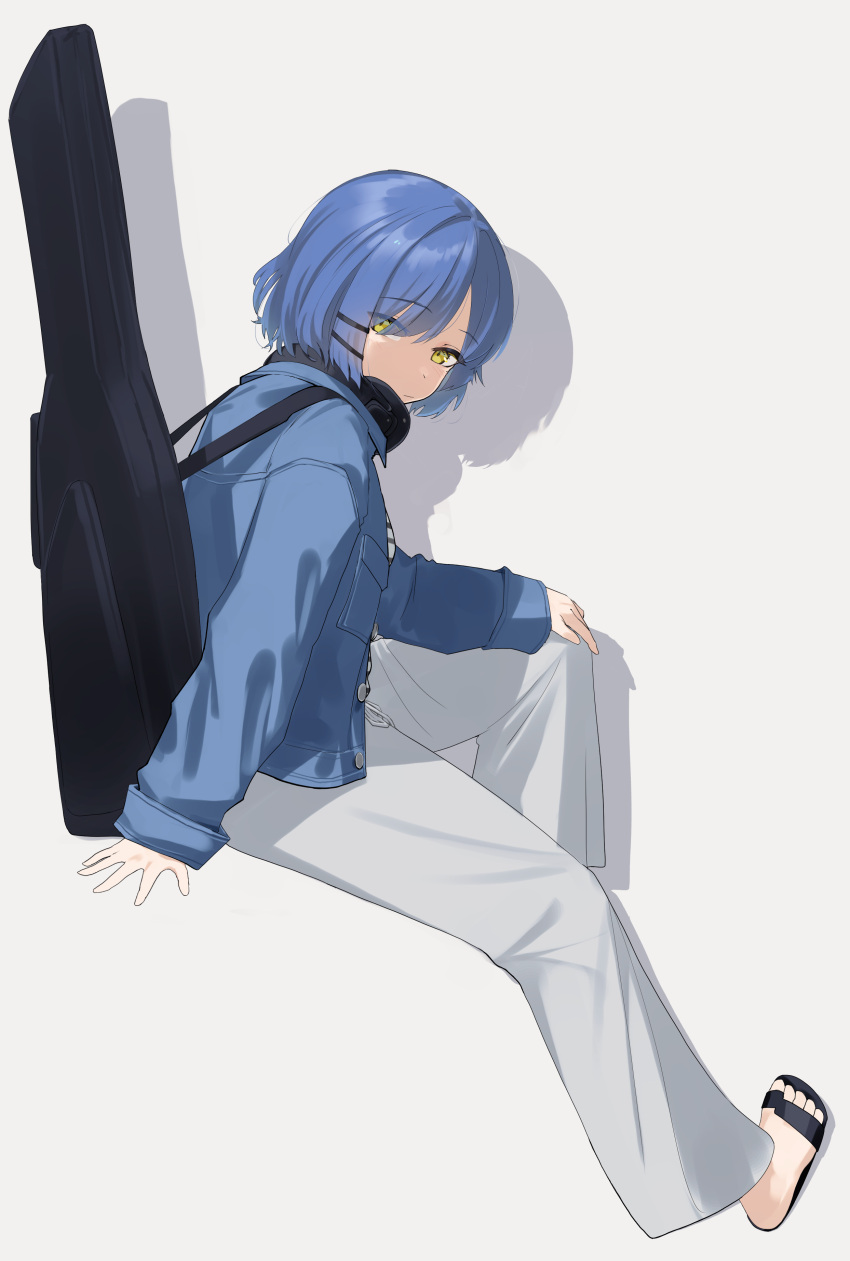 absurdres, blue_hair, bocchi_the_rock!, eltir, flip-flops, guitar, guitar_case, headphones
