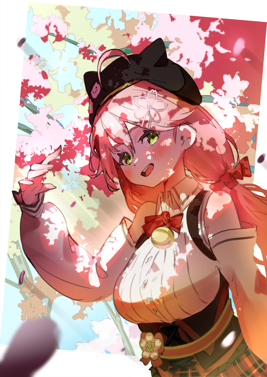 1girl, absurdres, ahoge, arm_at_side, bell, beret, black_hat, blush