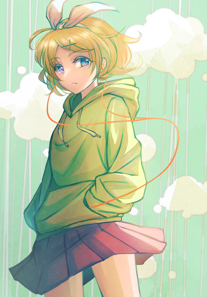 1girl, absurdres, blonde_hair, blue_eyes, bow_hairband, closed_mouth, clouds, commentary_request, drawstring, earphones, frown, green_background, green_hoodie, hair_ornament, hairband, hands_in_pockets, highres, hood, hoodie, kagamine_rin, medium_hair, melancholic_(vocaloid), melancholy_(module), partial_commentary, pink_skirt, pleated_skirt, skirt, solo, tsumurimai, vocaloid, white_hairband, x_hair_ornament