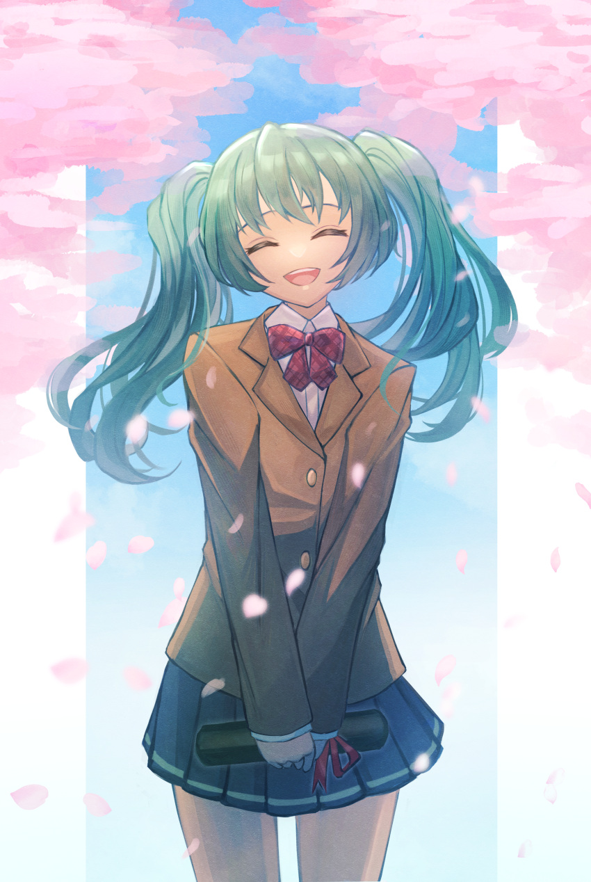 1girl, :d, ^_^, absurdres, blazer, blue_skirt, bow, bowtie