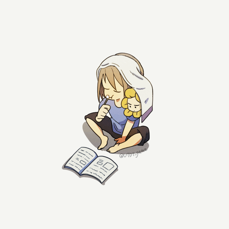 1boy, 1other, 2024, 2d, ambiguous_gender, animated, animated_gif, artist_name, barefoot, blue_shirt, book, brown_hair, brushing_teeth, chimo_(utdt_game), digital_media, duo, flower, flowey_(undertale), frisk_(undertale), human, looping_animation, male, plant, shirt, short_hair, simple_background, sitting, towel, towel_on_head, turning_page, undertale, vines, yellow_flower