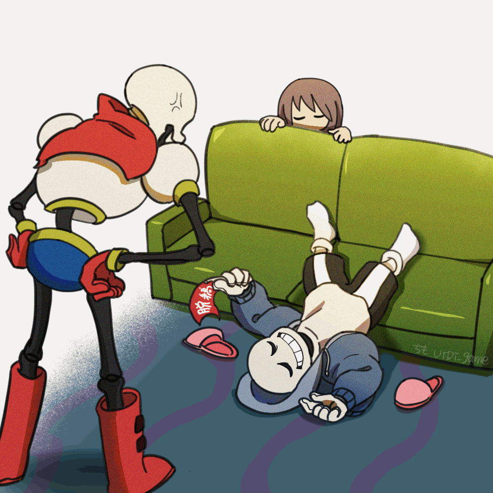 1other, 2023, 2boys, 2d, ambiguous_gender, anger_vein, animated, animated_gif, black_pants, blue_jacket, blue_shorts, brothers, brown_hair, cape, chimo_(utdt_game), couch, digital_media, flag, frisk_(undertale), gloves, hands_on_own_hips, holding, holding_flag, human, humanoid, jacket, looping_animation, male, monster, monster_boy, multiple_boys, pants, papyrus_(undertale), red_cape, red_flag, red_gloves, sans_(undertale), short_hair, shorts, siblings, simple_background, skeleton, striped, striped_pants, teeth, trio, undead, undertale, upside-down, waving_flag, white_gloves, white_stripes