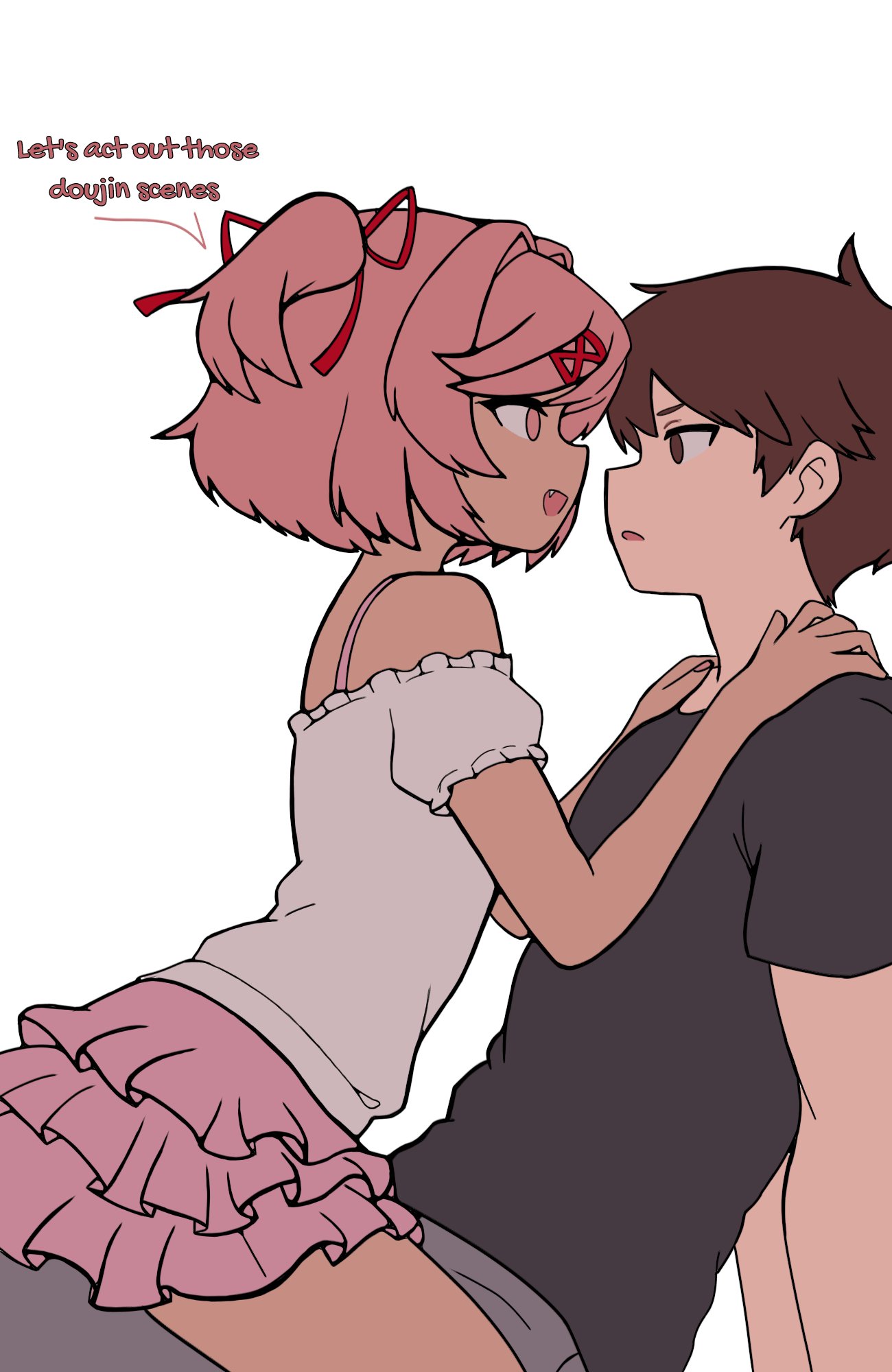 1boy, 1girl, :d, bare_shoulders, black_shirt, brown_eyes, brown_hair, doki_doki_literature_club, english_text, eye_contact, fang, from_side, girl_on_top, hair_ornament, hair_ribbon, highres, layered_skirt, looking_at_another, mochi_(somniserotonin), natsuki_(doki_doki_literature_club), pink_hair, pink_skirt, protagonist_(doki_doki_literature_club), red_ribbon, ribbon, shirt, short_hair, short_sleeves, sitting, sitting_on_lap, sitting_on_person, skirt, smile, speech_bubble, white_shirt, x_hair_ornament