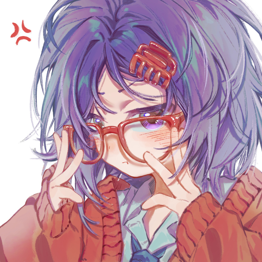 1girl, adjusting_eyewear, anger_vein, blue_necktie, blush, cardigan, chinese_commentary, claw_hair_clip