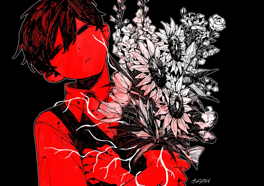 1boy, ash_(ash_proc), black_background, bouquet, closed_mouth, collared_shirt, double-parted_bangs, empty_eyes