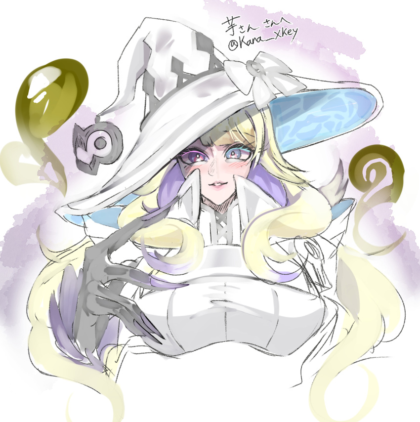 1girl, blonde_hair, bodysuit, breasts, diabellze_the_original_sinkeeper, duel_monster, fingernails, haijiru_0616, hat, highres, large_breasts, long_fingernails, long_hair, purple_hair, purple_nails, solo, upper_body, violet_eyes, white_bodysuit, white_hat, yu-gi-oh!