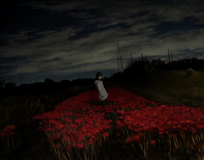 1girl, absurdres, akebonobashi_(artist), black_hair, black_pants, clouds, cloudy_sky, fence
